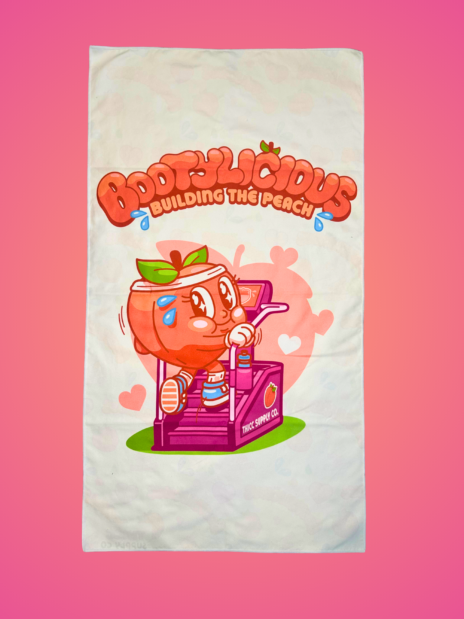 Bootylicious Gym Towel - Building the peach - Cartoon Peach on a stairmaster. 
